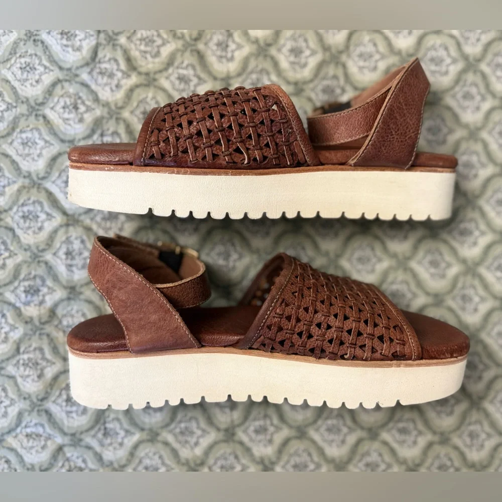 Bed Stu Brisa Brown Leather Woven Platform Sandals Women’s Size 9.5‎ Ankle Strap